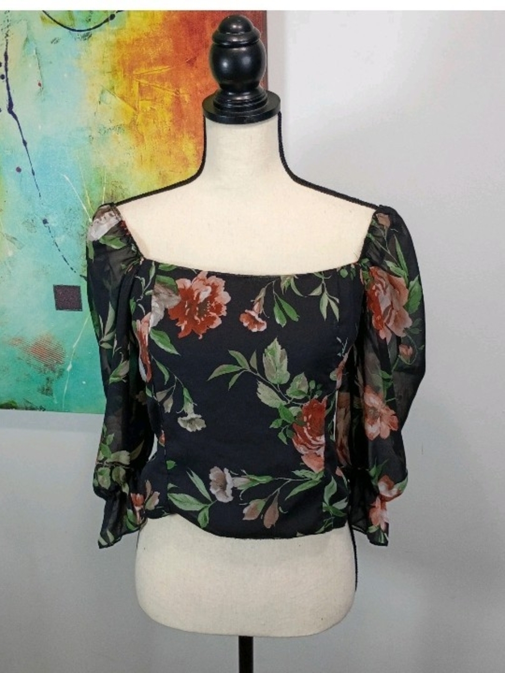 Black Base Floral Print Square-Neck Puff Sleeve Cold Shoulder Top